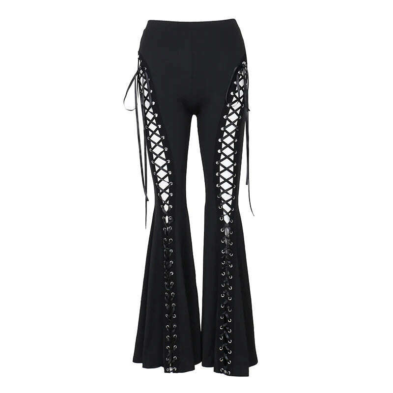 KIMLUD, Women's gothic pants Spring 2024 new dark wind Street fashion trend cock-eye tie design flared pants women, KIMLUD Womens Clothes