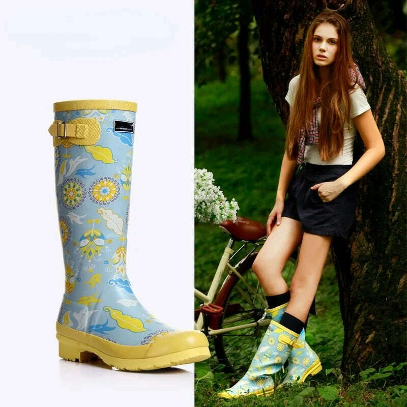 KIMLUD, Women's high tube printing season rain boots rain boots high tube vulcanized shoes rubber European style high tube rain boots, KIMLUD Womens Clothes