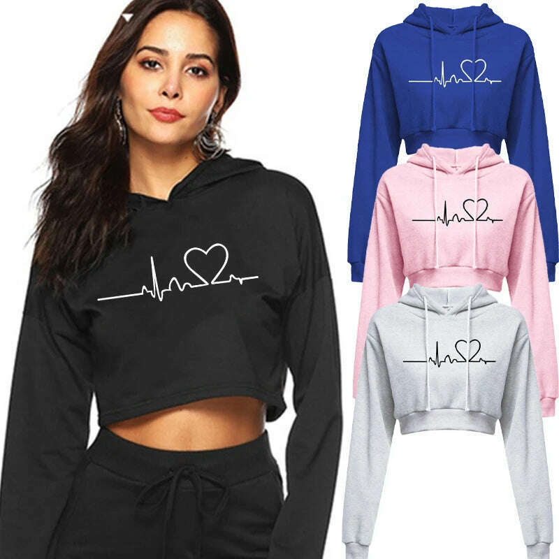 KIMLUD, Women's Hooded Sweaters Hoodies Solid Color Long Sleeve ECG Prited Cropped Hooded Pullover, KIMLUD Womens Clothes