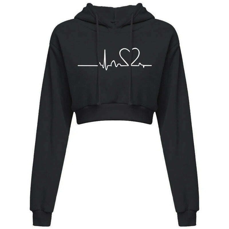 KIMLUD, Women's Hooded Sweaters Hoodies Solid Color Long Sleeve ECG Prited Cropped Hooded Pullover, black / S, KIMLUD APPAREL - Womens Clothes