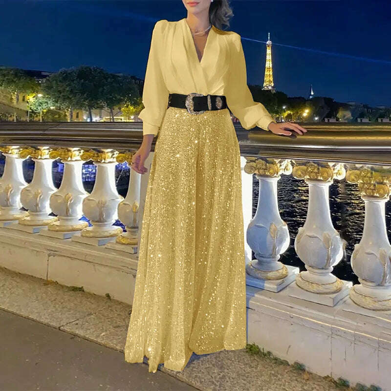 KIMLUD, Women's jumpsuit fashion V-neck long sleeved shirt with elegant temperament slim waist and sequin wide leg pants autumn 2024, Golden belt / XL, KIMLUD APPAREL - Womens Clothes