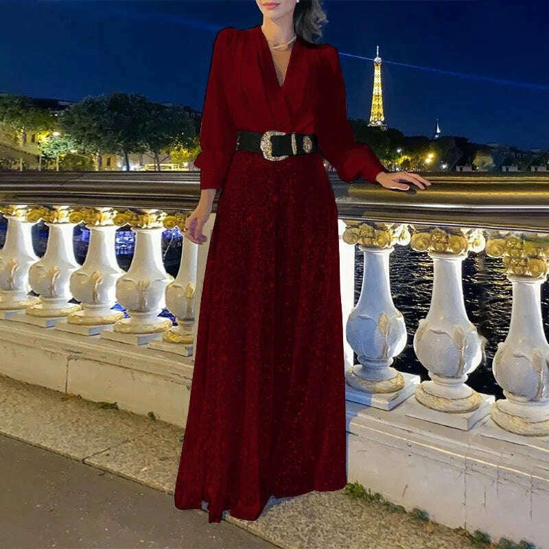 KIMLUD, Women's jumpsuit fashion V-neck long sleeved shirt with elegant temperament slim waist and sequin wide leg pants autumn 2024, Jujube red belt / S, KIMLUD APPAREL - Womens Clothes