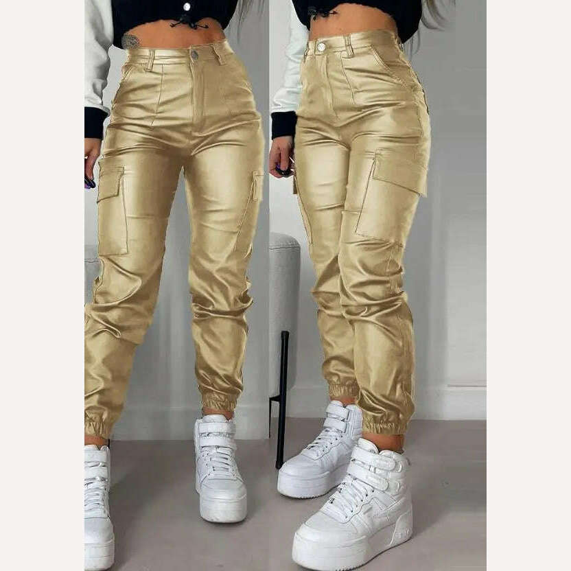 Women's Pants 2023 Summer Fashion Pocket Design Pu Leather Casual Plain High Waist Daily Long Cuffed Pants Y2K Streetwear - KIMLUD