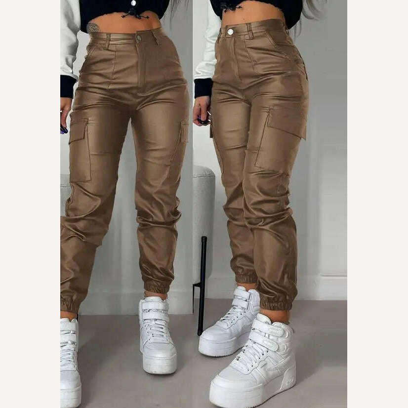 KIMLUD, Women's Pants 2023 Summer Fashion Pocket Design Pu Leather Casual Plain High Waist Daily Long Cuffed Pants Y2K Streetwear, D / S, KIMLUD APPAREL - Womens Clothes