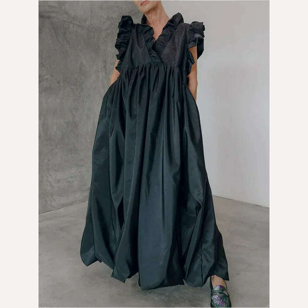KIMLUD, Women's Pleated Dress A-line Loose Ruffle Pockets Sleeveless Summer Casual Vintage Fashion V-Neck Summer Dress for Female, Black / L / CHINA, KIMLUD APPAREL - Womens Clothes