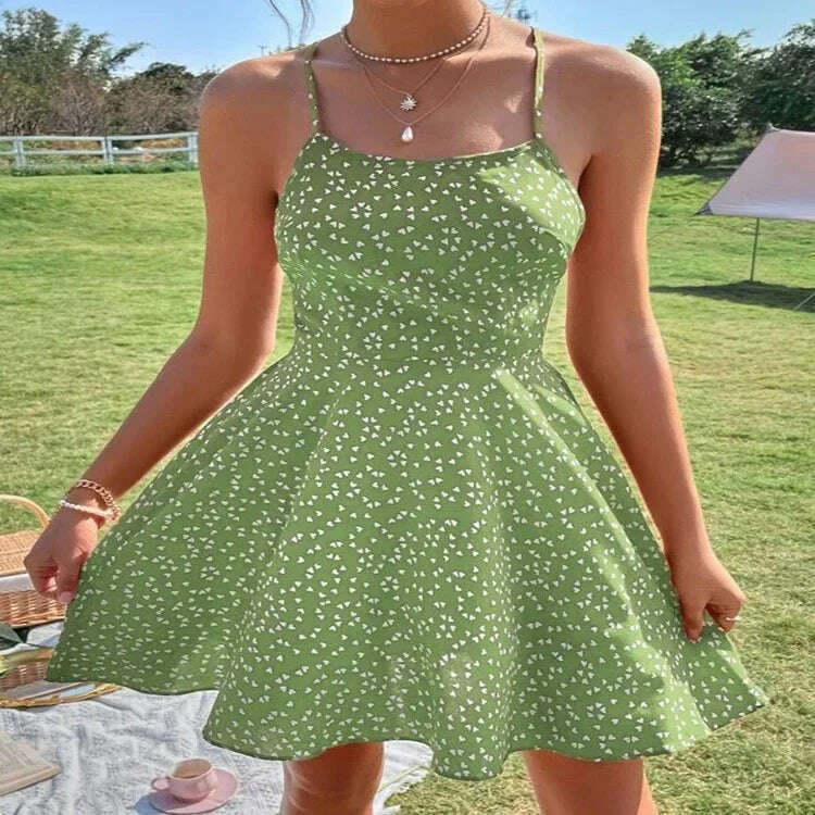 KIMLUD, Women's Print Summer Dress Confetti Heart Print Crisscross Tie Backless Cami Dress Print Boho Beach Dress Sundress Robe, Green / S, KIMLUD APPAREL - Womens Clothes