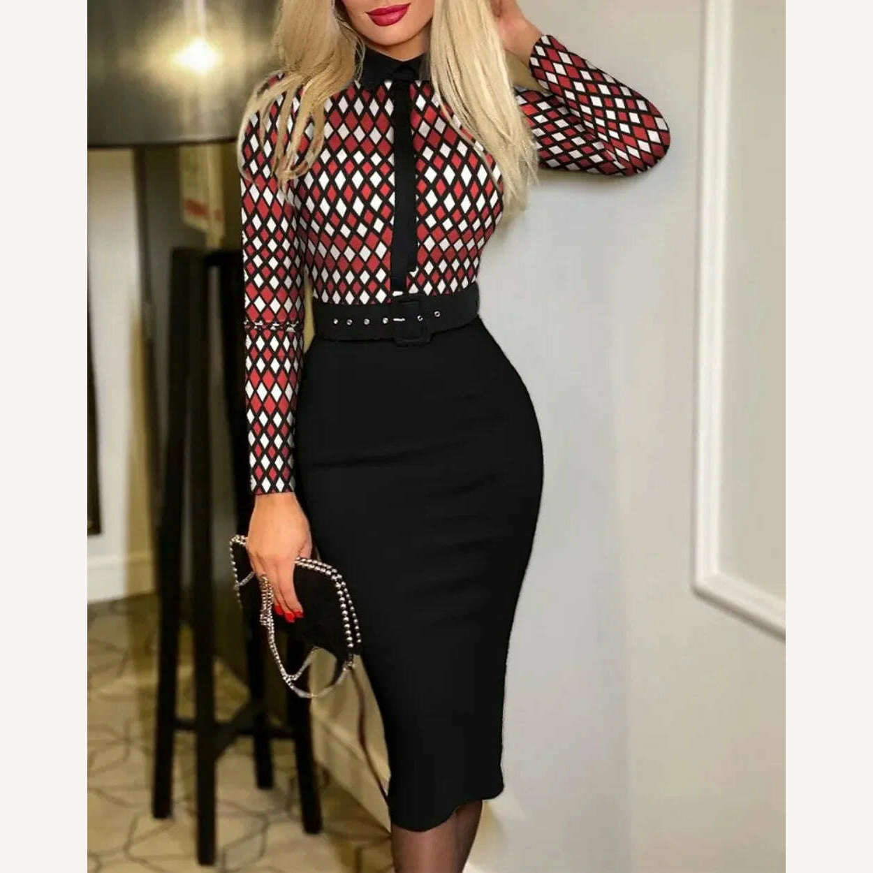 KIMLUD, Women's Printed Evening Pencil Dress, Bodycon Dresses, Elegant, Work, Business, Party, Office, Lady, KIMLUD Womens Clothes