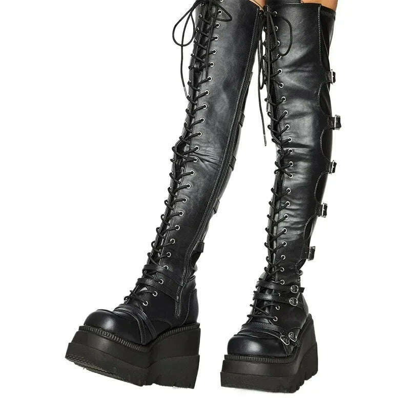 KIMLUD, Women's Punk Over-the-Knee Boots: Platform Heels with Belt Buckle, Thigh High Goth Motorcycle Flat Boots in Plus Sizes, KIMLUD Womens Clothes