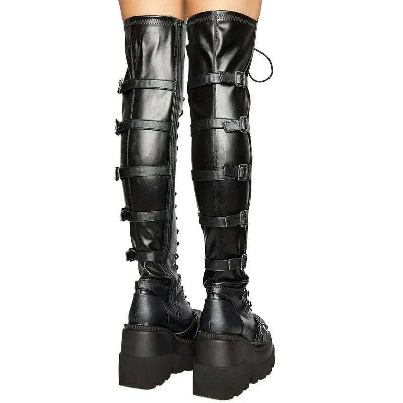 KIMLUD, Women's Punk Over-the-Knee Boots: Platform Heels with Belt Buckle, Thigh High Goth Motorcycle Flat Boots in Plus Sizes, KIMLUD Womens Clothes