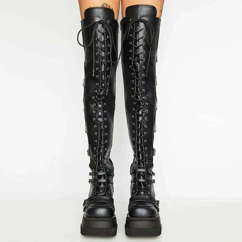 KIMLUD, Women's Punk Over-the-Knee Boots: Platform Heels with Belt Buckle, Thigh High Goth Motorcycle Flat Boots in Plus Sizes, KIMLUD Womens Clothes