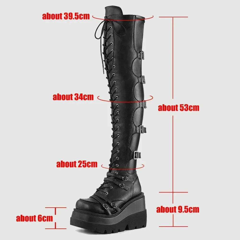 KIMLUD, Women's Punk Over-the-Knee Boots: Platform Heels with Belt Buckle, Thigh High Goth Motorcycle Flat Boots in Plus Sizes, KIMLUD Womens Clothes