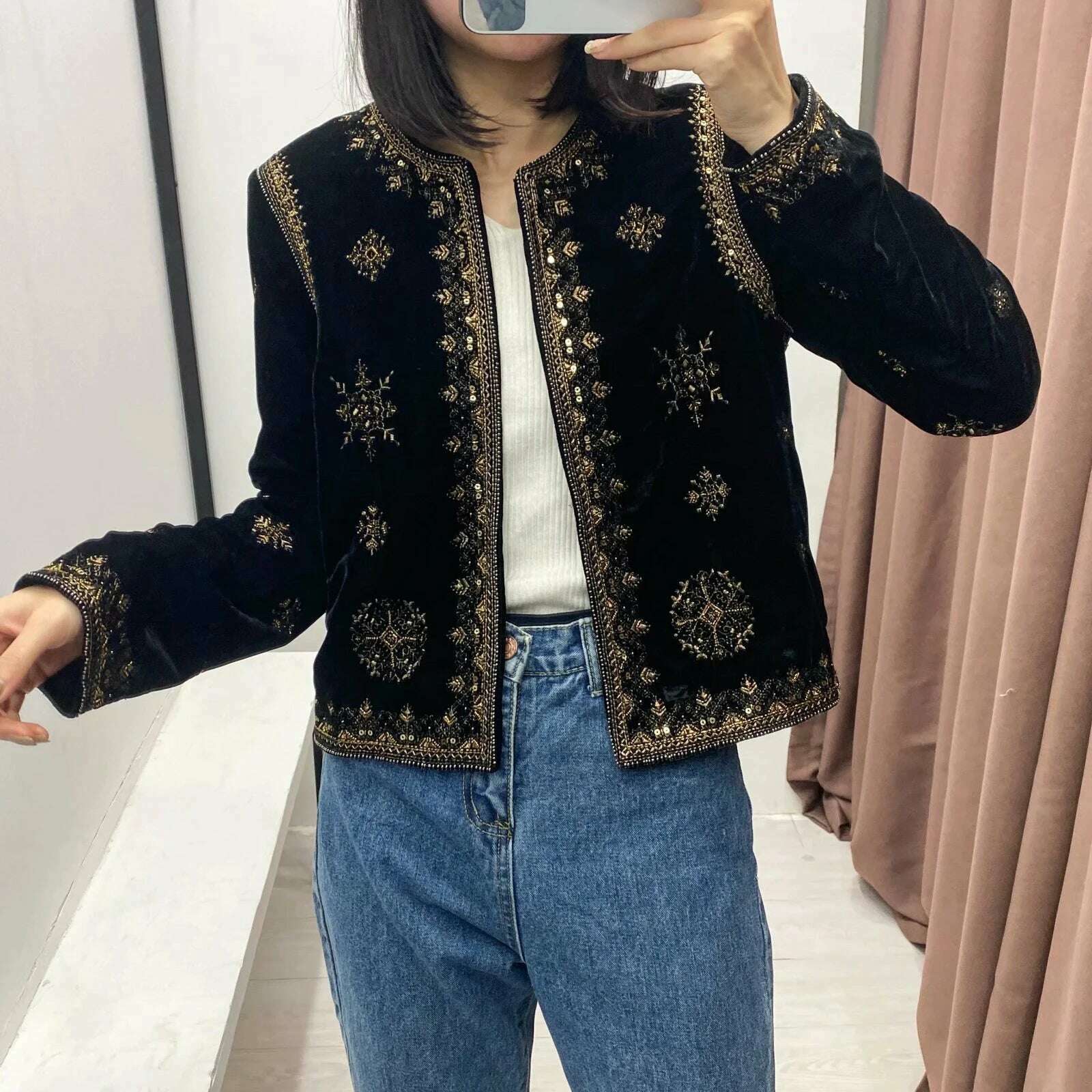 KIMLUD, Women's Replica Ethnic Style Heavy Industrial Embroidered Sequin Decorated Jacket Velvet Short Cardigan Autumn and Winter Women, KIMLUD Womens Clothes