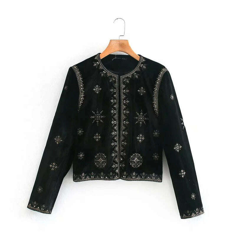 KIMLUD, Women's Retro Palace Style Heavy Industry Embroidery Sequins Decorative Velvet Short Cardigan Jacket Autumn And Winter, Black / XS / CHINA, KIMLUD APPAREL - Womens Clothes