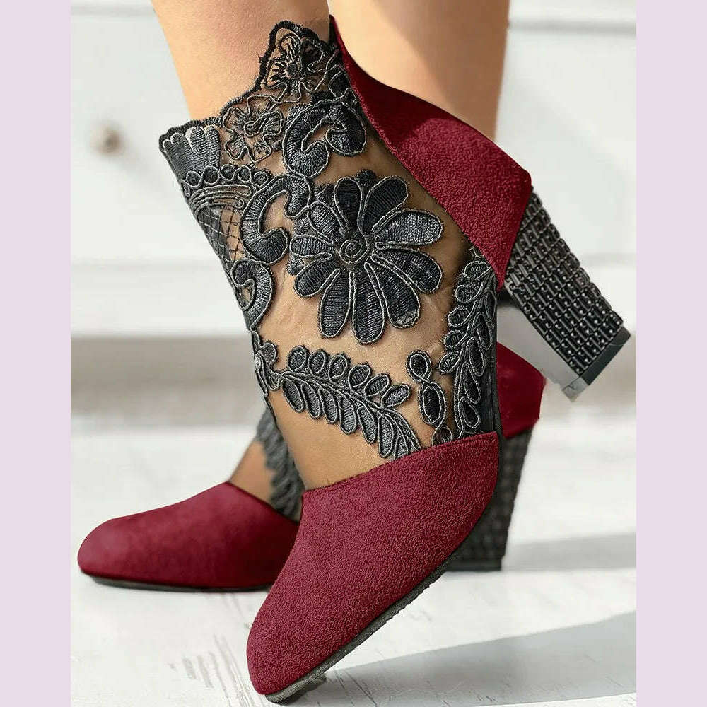 KIMLUD, Women's Sandals Lace Patch Floral Pattern Chunky Heel Ankle Boots Fish Mouth Mid-heel Women's Shoes Breathable Mesh High Heels, KIMLUD Womens Clothes