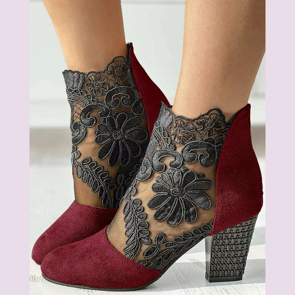 KIMLUD, Women's Sandals Lace Patch Floral Pattern Chunky Heel Ankle Boots Fish Mouth Mid-heel Women's Shoes Breathable Mesh High Heels, KIMLUD Womens Clothes