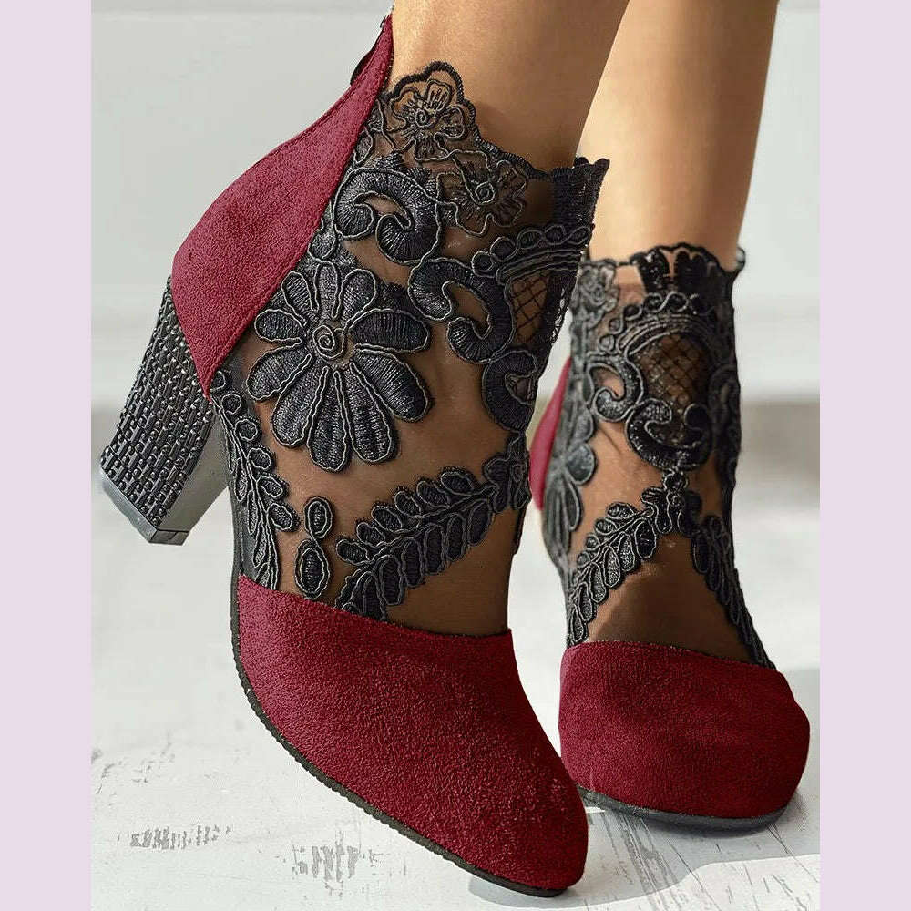 KIMLUD, Women's Sandals Lace Patch Floral Pattern Chunky Heel Ankle Boots Fish Mouth Mid-heel Women's Shoes Breathable Mesh High Heels, KIMLUD Womens Clothes