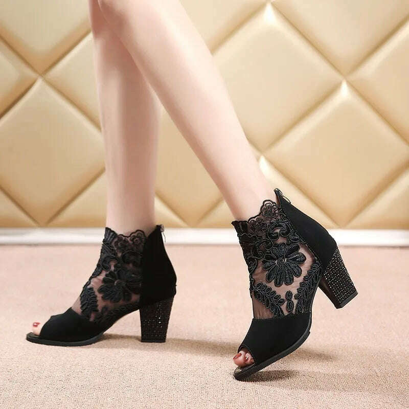 KIMLUD, Women's Sandals Lace Patch Floral Pattern Chunky Heel Ankle Boots Fish Mouth Mid-heel Women's Shoes Breathable Mesh High Heels, KIMLUD Womens Clothes