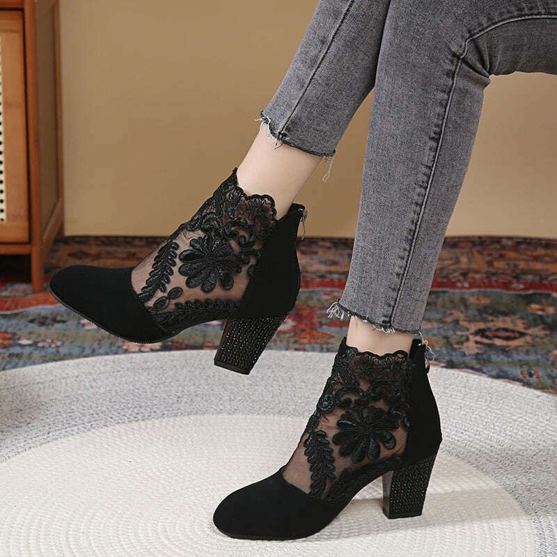 KIMLUD, Women's Sandals Summer 2024 New Fashion Lace Flowers High Heels Women Solid Hollow Sandals Square Heel Zip Shoes Women Sandalias, black / 38, KIMLUD APPAREL - Womens Clothes