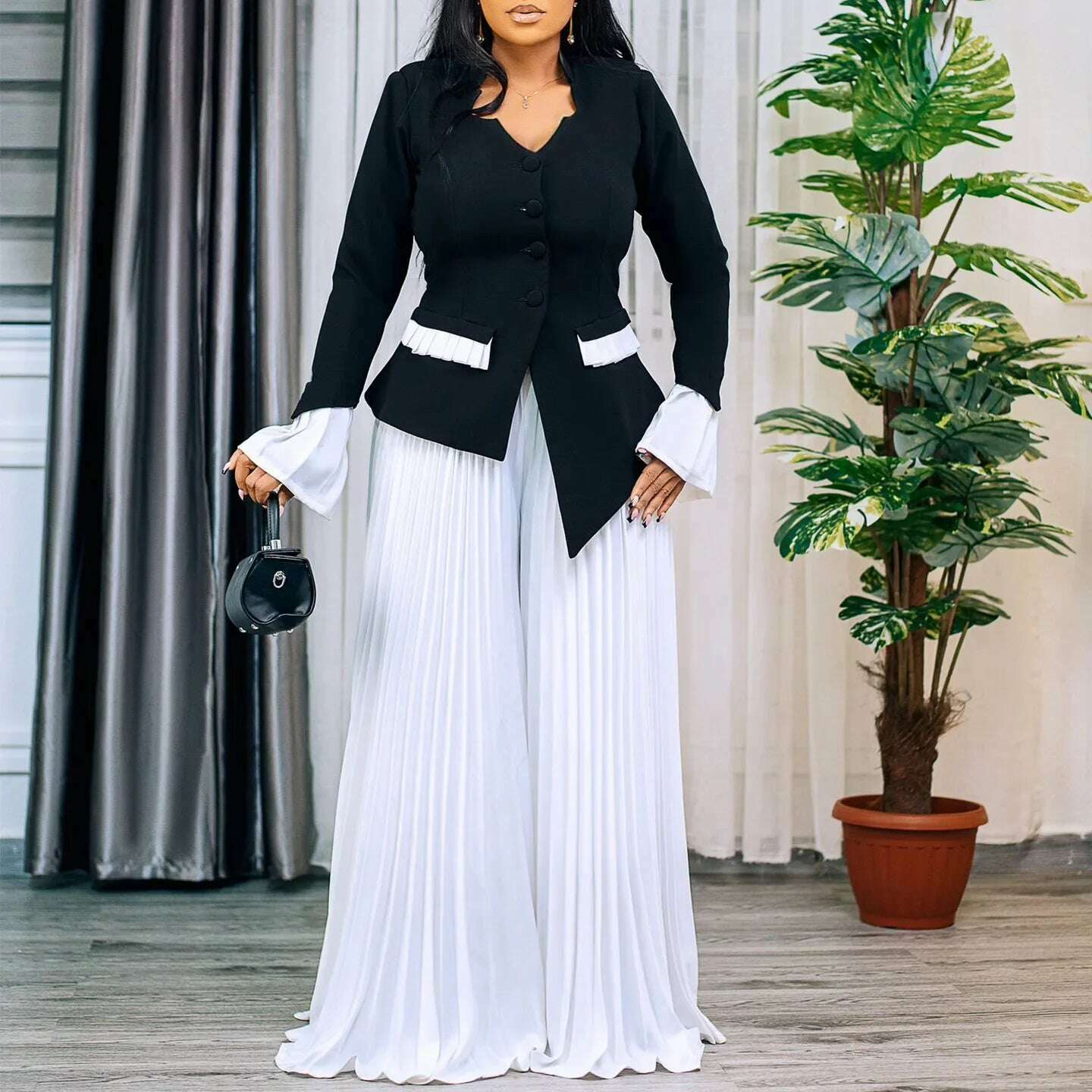 Women's Set Full Flare Sleeve Button Blazer Shirt + Pleated Long Pants Suit Streetwear Two 2 Piece Set Africa OL Outfits - KIMLUD