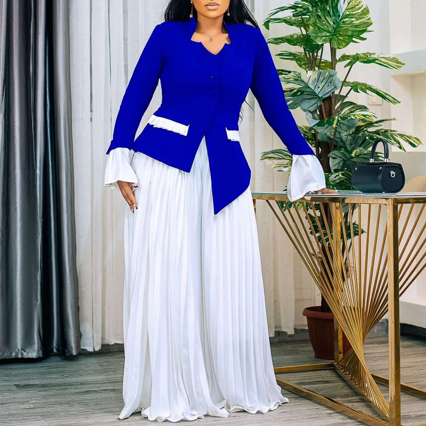 KIMLUD, Women's Set Full Flare Sleeve Button Blazer Shirt + Pleated Long Pants Suit Streetwear Two 2 Piece Set Africa OL Outfits, Blue / XXL / CN, KIMLUD APPAREL - Womens Clothes