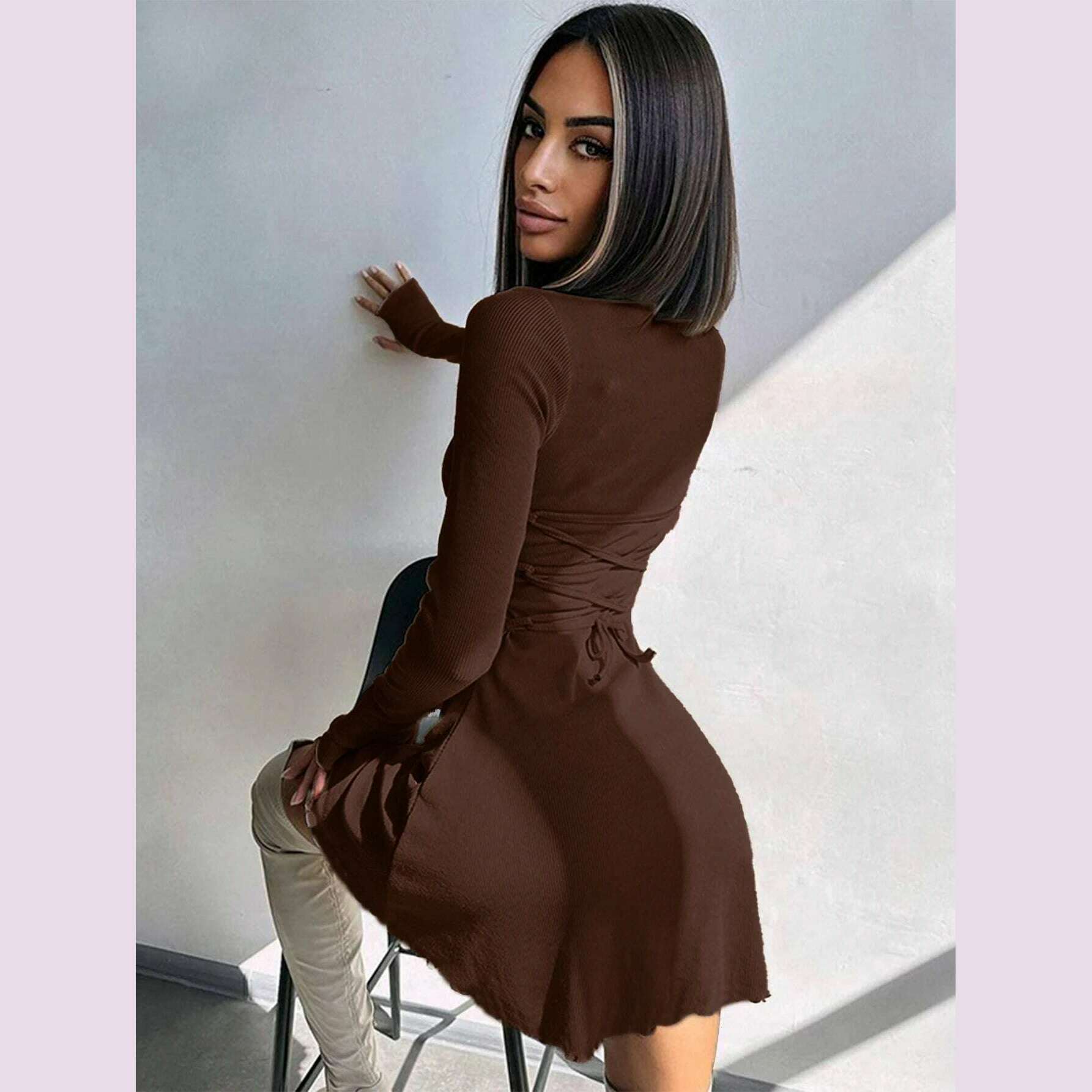 KIMLUD, Women's Sexy Club Long Sleeve Mini Bodycon Dress Suitable For Nightclub, Family Party, Vacation, Leisure, KIMLUD Womens Clothes