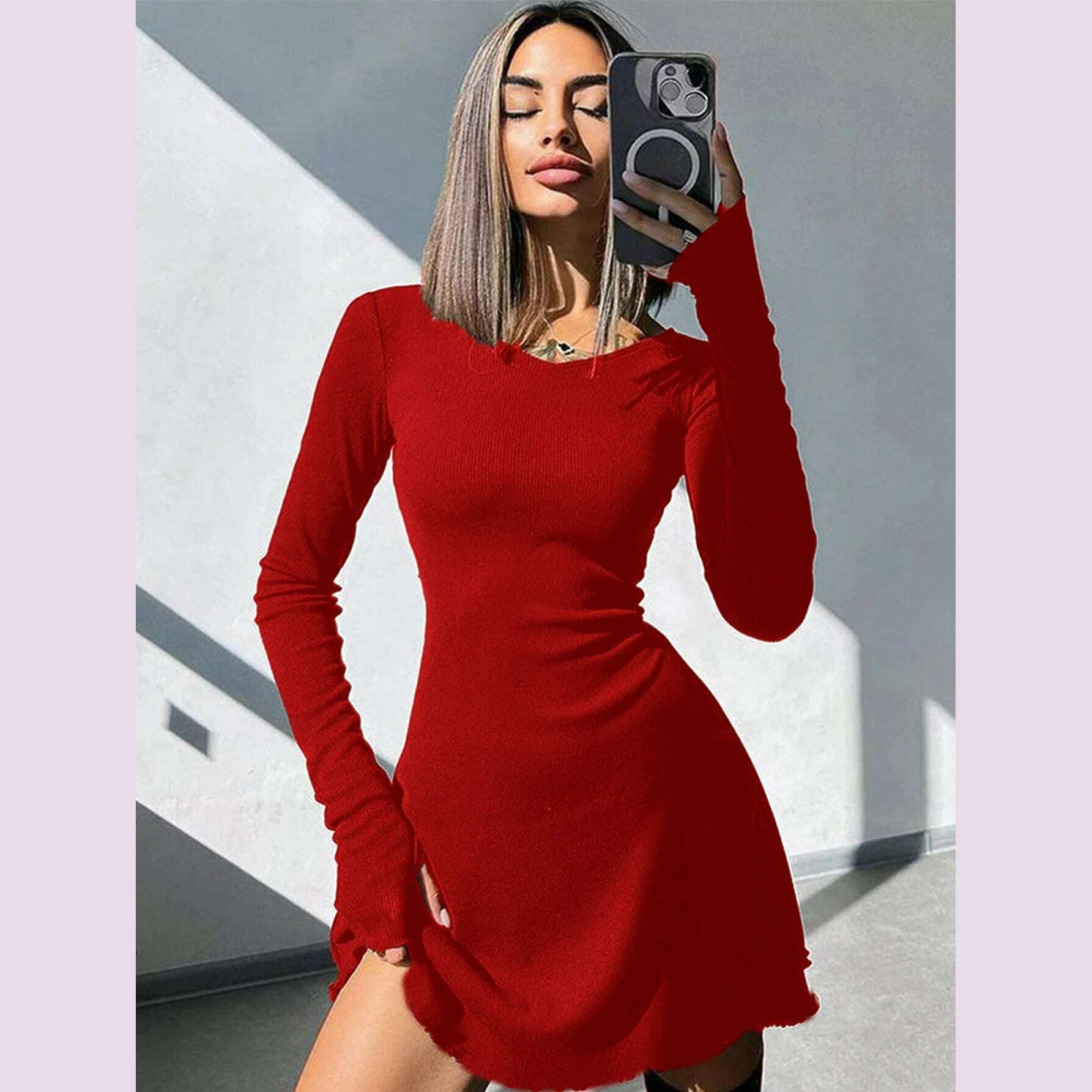 KIMLUD, Women's Sexy Club Long Sleeve Mini Bodycon Dress Suitable For Nightclub, Family Party, Vacation, Leisure, KIMLUD Womens Clothes