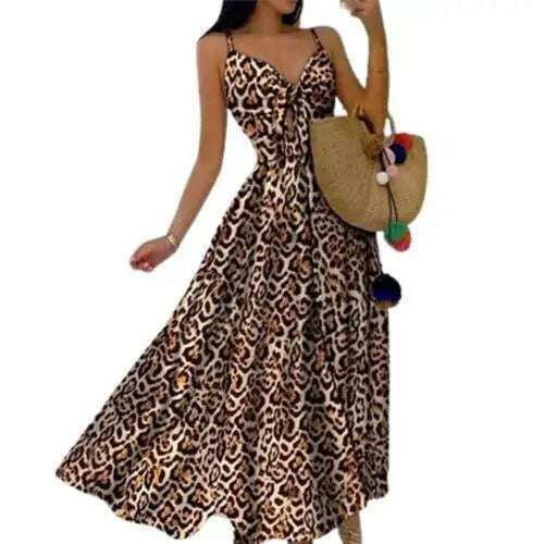 KIMLUD, Women's Sling Long Dresses Summer Floral V-Neck Sleeveless Party Dress Beach Print Maxi Dress Casual Sundress 2021 New Fashion, Leopard / L, KIMLUD APPAREL - Womens Clothes