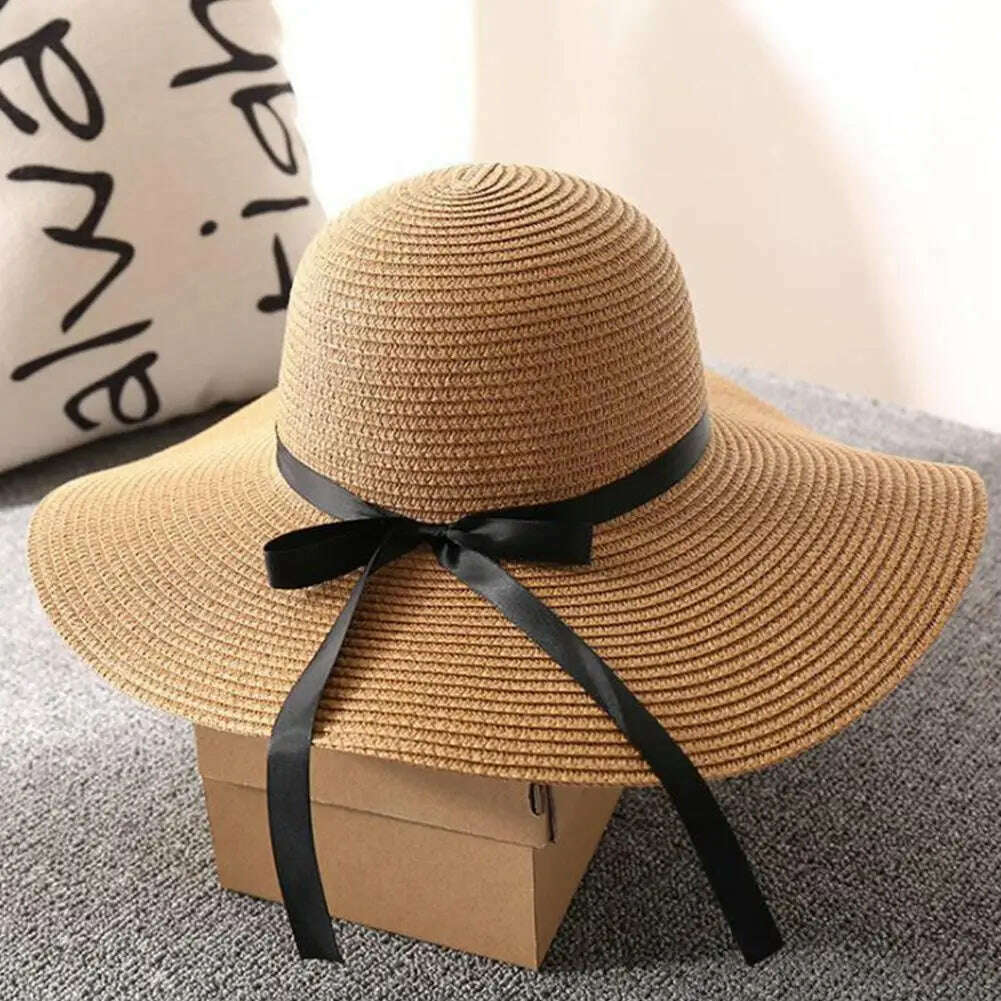 Women's Straw Sun Hat Wide Brim Flat Beach Hat Summer Sun Protection Cowboy Style Hat Rolled Up Packable Panama Hats - KIMLUD