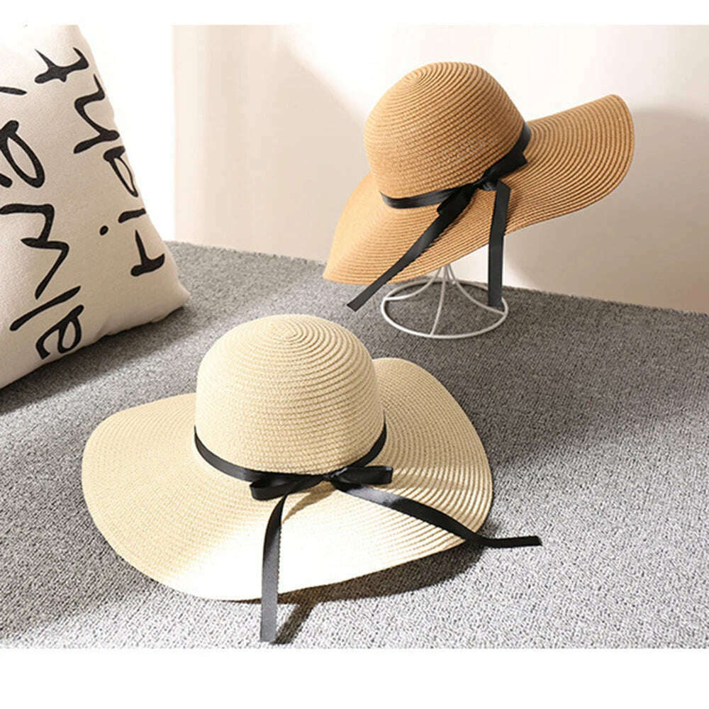 Women's Straw Sun Hat Wide Brim Flat Beach Hat Summer Sun Protection Cowboy Style Hat Rolled Up Packable Panama Hats - KIMLUD