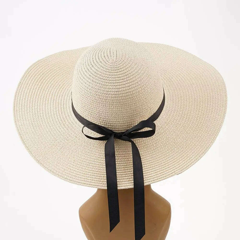 Women's Straw Sun Hat Wide Brim Flat Beach Hat Summer Sun Protection Cowboy Style Hat Rolled Up Packable Panama Hats - KIMLUD