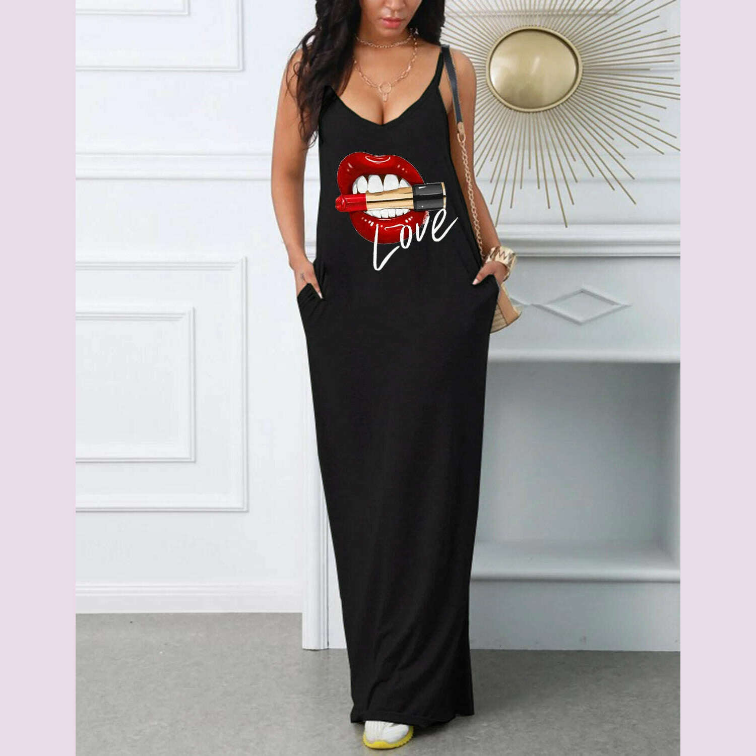 KIMLUD, Women's summer loose fit oversized casual LOVE Red Lip lipstick print V-neck strap sexy slim fit dress, KIMLUD Womens Clothes