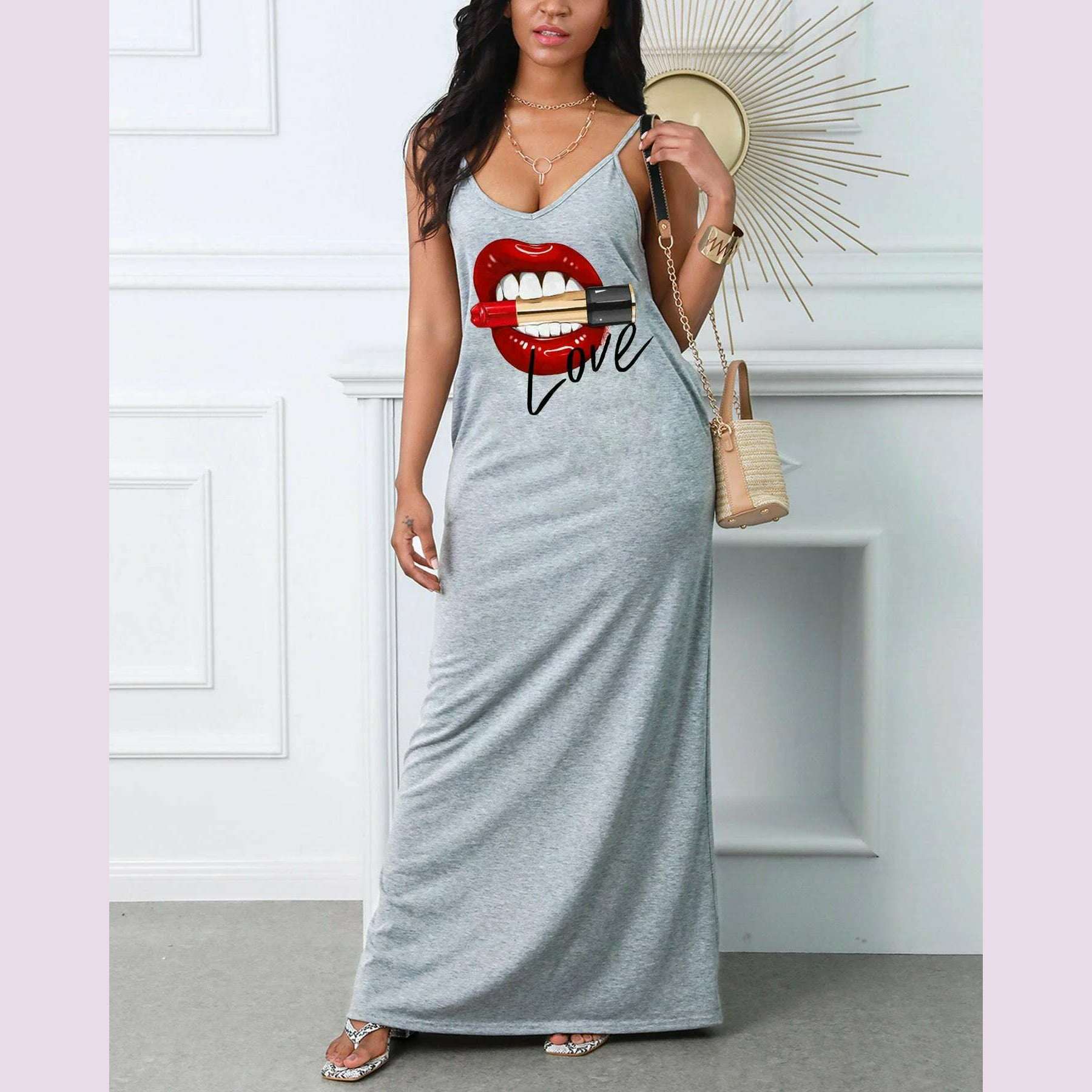 KIMLUD, Women's summer loose fit oversized casual LOVE Red Lip lipstick print V-neck strap sexy slim fit dress, KIMLUD Womens Clothes