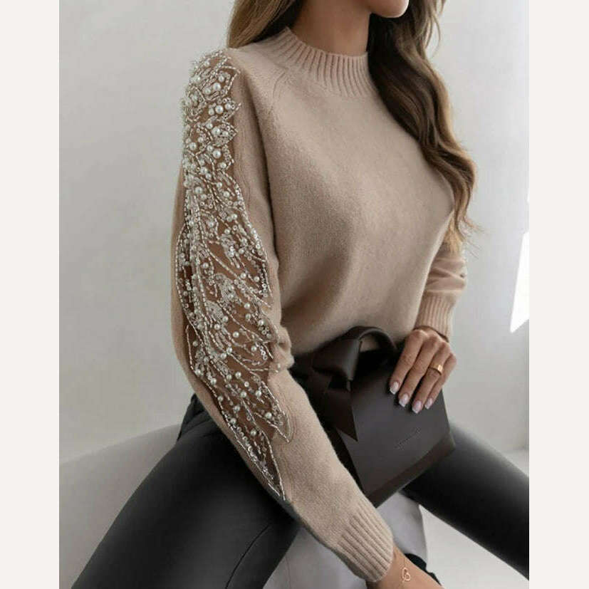 Women's Sweater Autumn Fashion Contrast Sequin Beaded Sheer Mesh Patch Casual Mock Neck Long Sleeve Daily Pullover Knit Sweater - KIMLUD