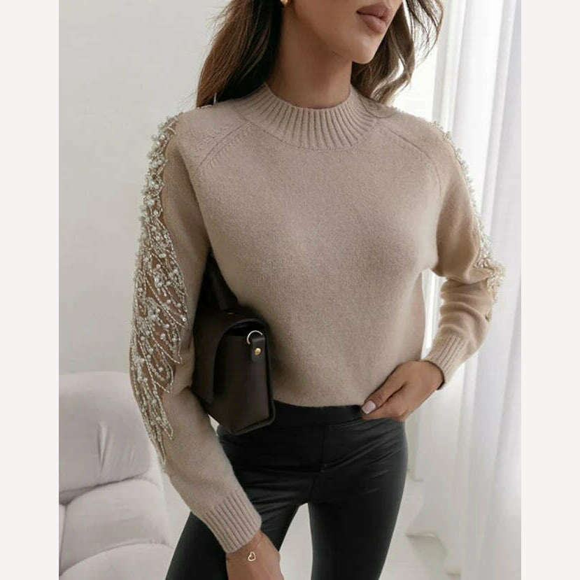 KIMLUD, Women's Sweater Autumn Fashion Contrast Sequin Beaded Sheer Mesh Patch Casual Mock Neck Long Sleeve Daily Pullover Knit Sweater, KIMLUD Womens Clothes