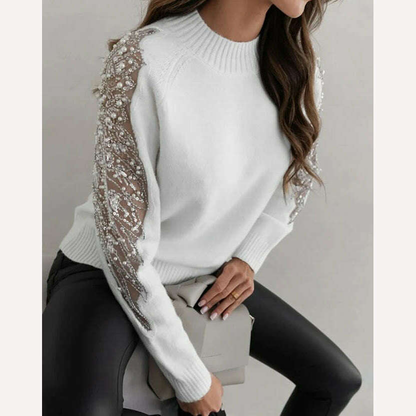 KIMLUD, Women's Sweater Autumn Fashion Contrast Sequin Beaded Sheer Mesh Patch Casual Mock Neck Long Sleeve Daily Pullover Knit Sweater, B / S, KIMLUD APPAREL - Womens Clothes