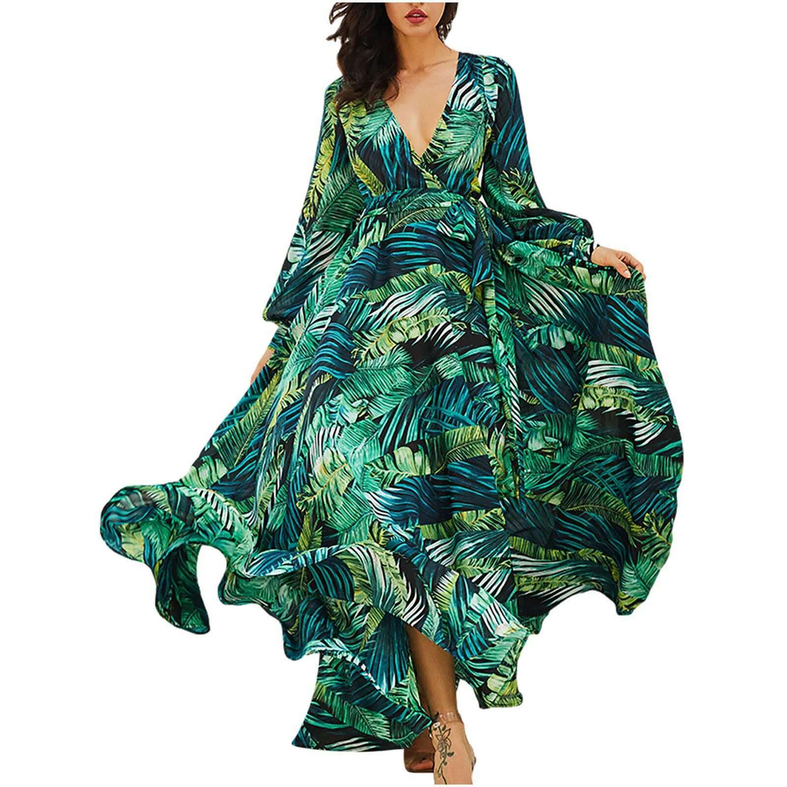 KIMLUD, Women'S Temperament V-Neck Backless Dresses Summer Boho Green Leaf Print Maxi Dress For Beach Elegant Pleated Sundress Vestidos, KIMLUD Womens Clothes