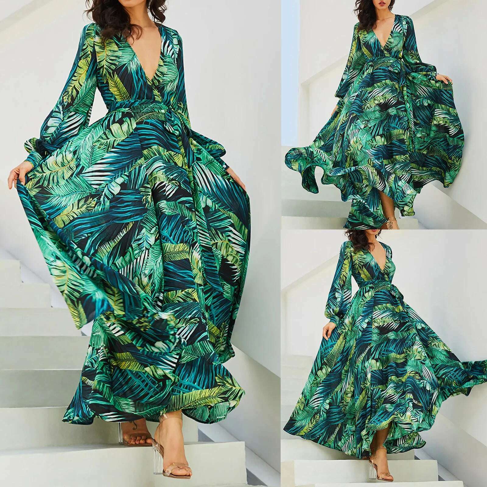 Women'S Temperament V-Neck Backless Dresses Summer Boho Green Leaf Print Maxi Dress For Beach Elegant Pleated Sundress Vestidos - KIMLUD