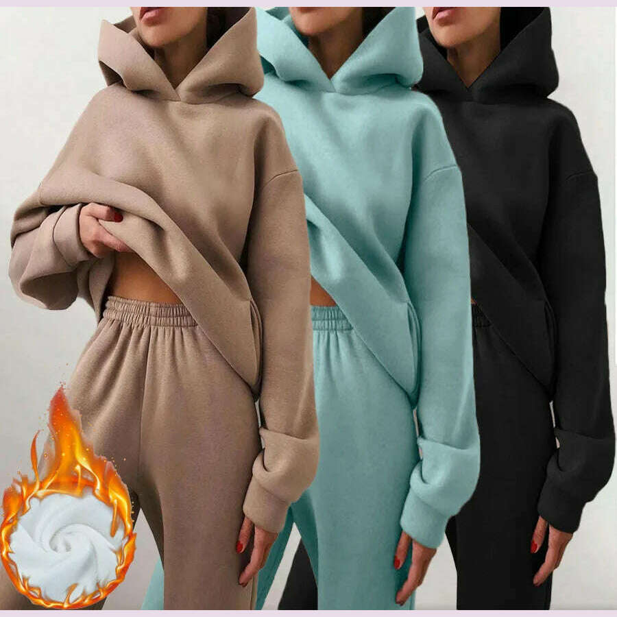 Women's Tracksuit Suit Winter Fashion Warm Hoodie Sweatshirts Two Pieces Oversized Solid Casual Hoody Pullovers Long Pant Sets - KIMLUD