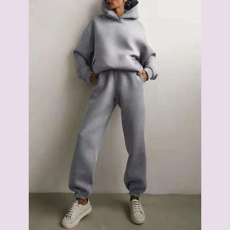 KIMLUD, Women's Tracksuit Suit Winter Fashion Warm Hoodie Sweatshirts Two Pieces Oversized Solid Casual Hoody Pullovers Long Pant Sets, GRAY / L, KIMLUD APPAREL - Womens Clothes