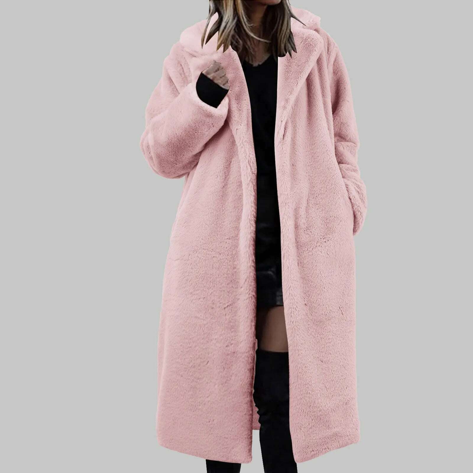 KIMLUD, Womens Winter Warm Lapel Faux Fuzzy Coat Jacket Overcoat Mink Fleece Spliced Mid Length Coat Suit plus Raincoat Women, Pink / CN / XL, KIMLUD APPAREL - Womens Clothes