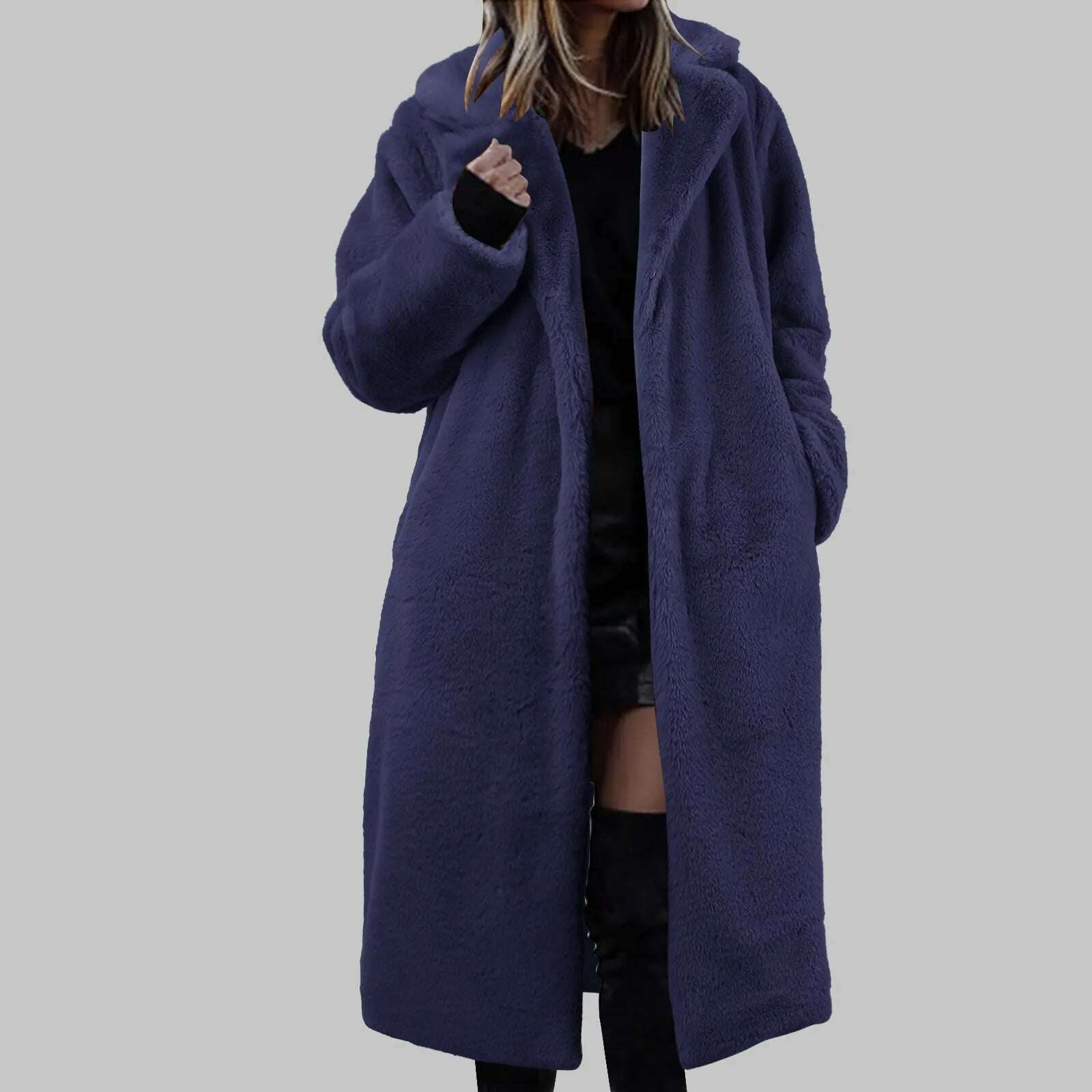 KIMLUD, Womens Winter Warm Lapel Faux Fuzzy Coat Jacket Overcoat Mink Fleece Spliced Mid Length Coat Suit plus Raincoat Women, Blue / CN / XXL, KIMLUD APPAREL - Womens Clothes