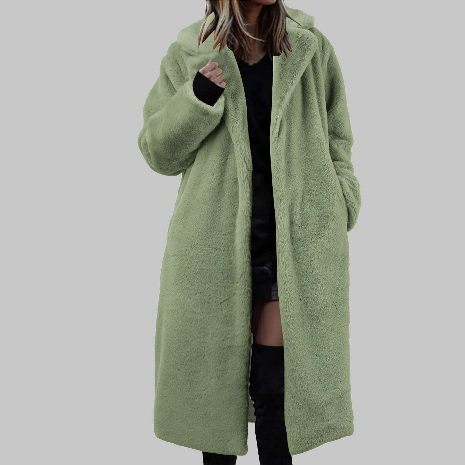 KIMLUD, Womens Winter Warm Lapel Faux Fuzzy Coat Jacket Overcoat Mink Fleece Spliced Mid Length Coat Suit plus Raincoat Women, Green / CN / S, KIMLUD APPAREL - Womens Clothes