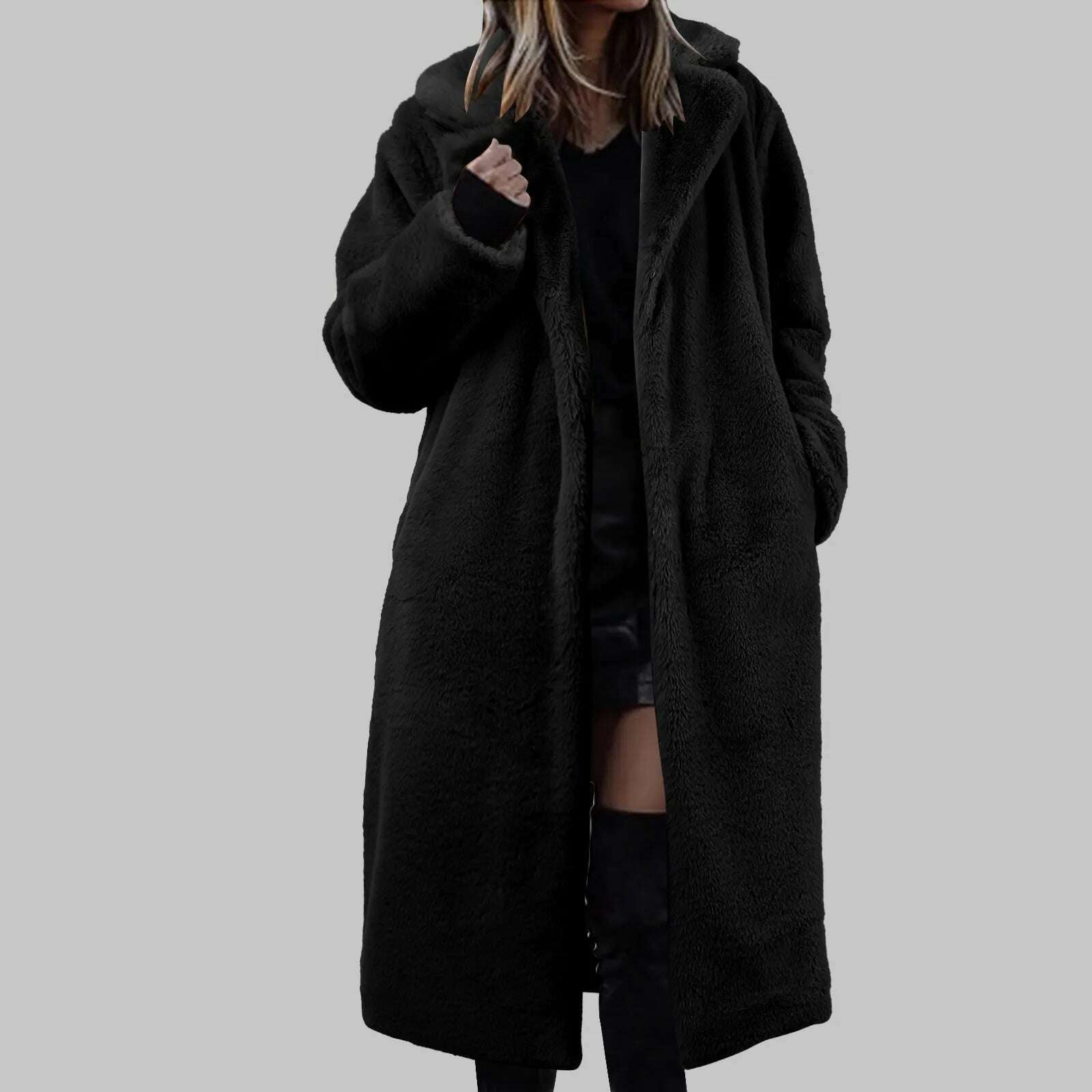 KIMLUD, Womens Winter Warm Lapel Faux Fuzzy Coat Jacket Overcoat Mink Fleece Spliced Mid Length Coat Suit plus Raincoat Women, Black / CN / L, KIMLUD APPAREL - Womens Clothes