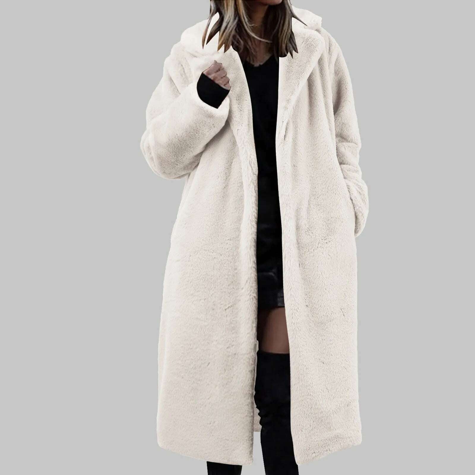 KIMLUD, Womens Winter Warm Lapel Faux Fuzzy Coat Jacket Overcoat Mink Fleece Spliced Mid Length Coat Suit plus Raincoat Women, White / CN / S, KIMLUD APPAREL - Womens Clothes