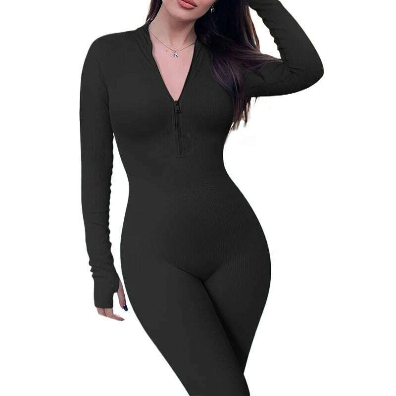 KIMLUD, Women's Yoga Jumpsuit Workout Ribbed Long Sleeve Front Zip Athletic Solid Color Bodysuit Jumpsuit, KIMLUD Womens Clothes