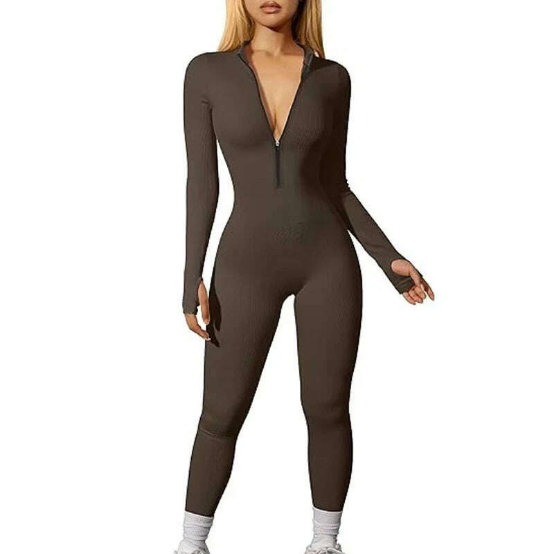 KIMLUD, Women's Yoga Jumpsuit Workout Ribbed Long Sleeve Front Zip Athletic Solid Color Bodysuit Jumpsuit, Coffee / XL, KIMLUD APPAREL - Womens Clothes