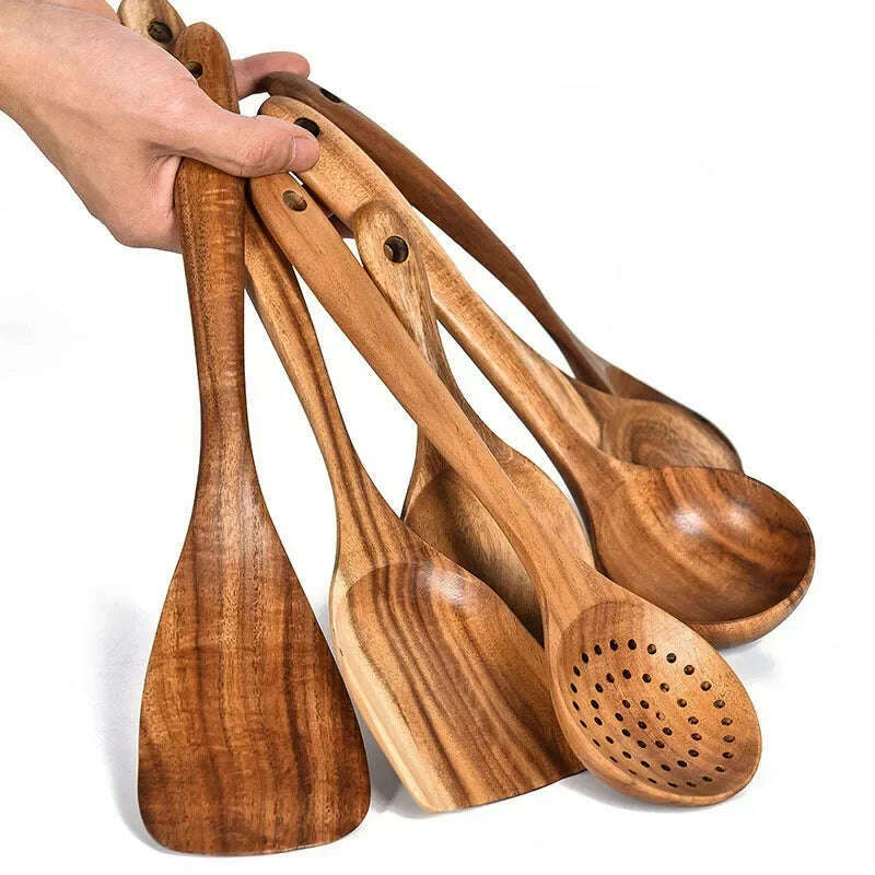 Wooden Kitchen Spoon Long Rice Colander Soup Skimmer Cooking Soup Spoons Scoop Kitchen Tool Thailand Teak Natural Wood - KIMLUD