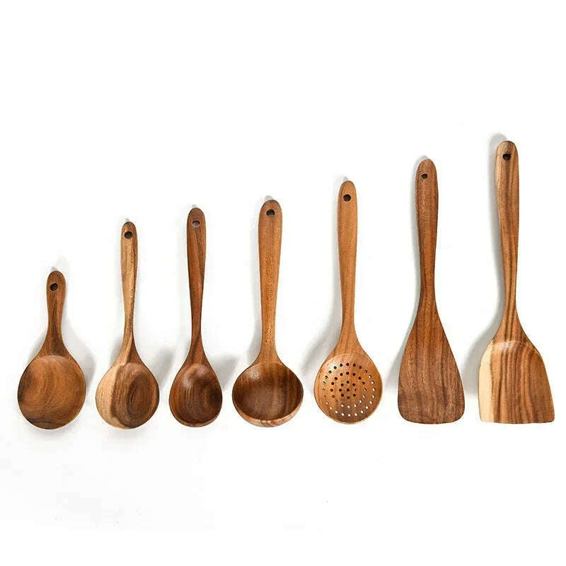 KIMLUD, Wooden Kitchen Spoon Long Rice Colander Soup Skimmer Cooking Soup Spoons Scoop Kitchen Tool Thailand Teak Natural Wood, 7pcs  set, KIMLUD APPAREL - Womens Clothes