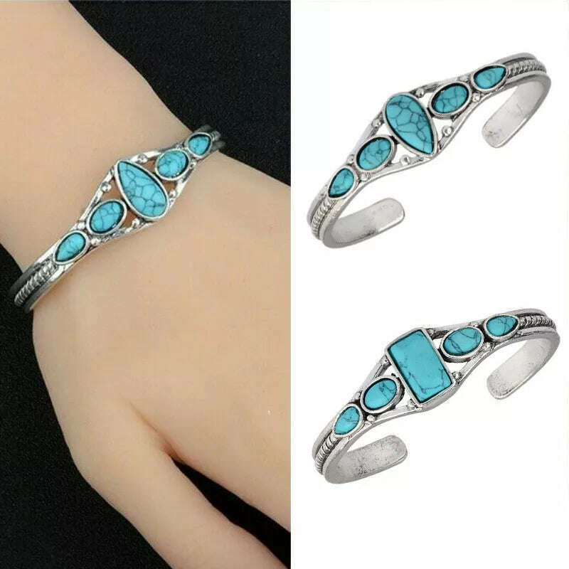 KIMLUD, Wu's 2022 New European and American Bohemian Style Retro Turquoise Carved Hollow Geometric Bracelet Opening Adjustable Bracelet, KIMLUD Womens Clothes