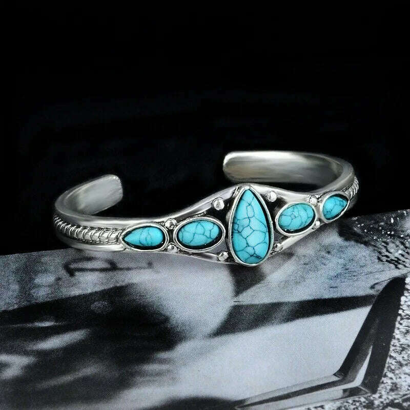 KIMLUD, Wu's 2022 New European and American Bohemian Style Retro Turquoise Carved Hollow Geometric Bracelet Opening Adjustable Bracelet, KIMLUD Womens Clothes